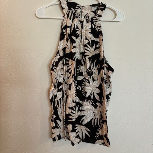 Nicole Miller NY Women's Large Sleeveless Linen Top Tank Beige Black High Neck - Picture 1 of 5